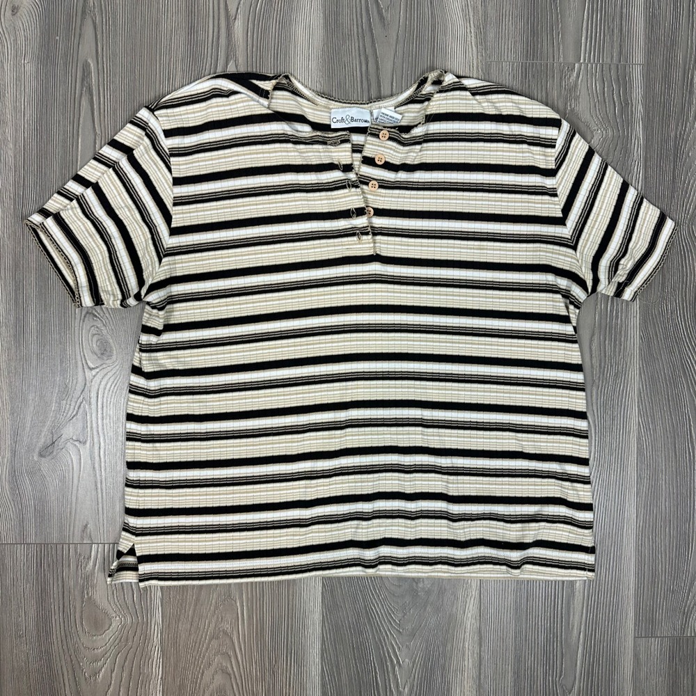 Croft & Barrow Brown and Cream Striped Henley Top - SIZE L Relaxed Fit Boho‎